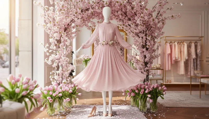 Outfit cerimonia primavera elegante con abito midi pastello e accessori coordinati