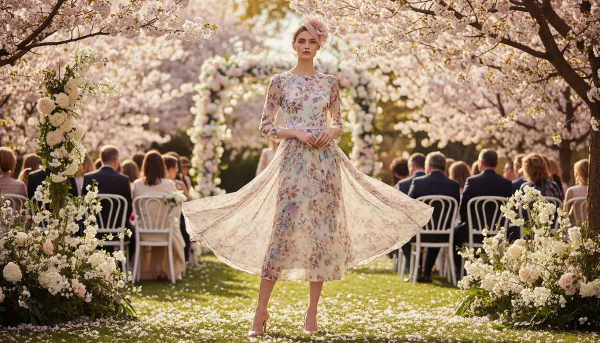 Donna con outfit matrimonio primavera elegante in giardino fiorito