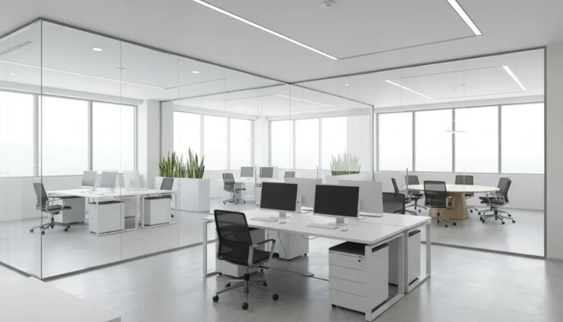 Pareti divisorie in vetro moderne per ufficio open space con design minimalista