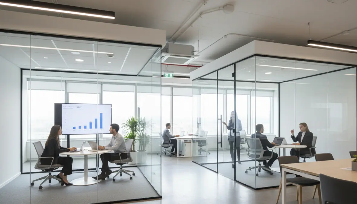 Pareti divisorie ufficio in vetro per open space con isolamento acustico