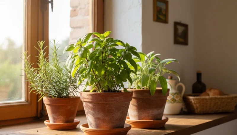 Piante aromatiche fresche coltivate in vaso sul davanzale della cucina