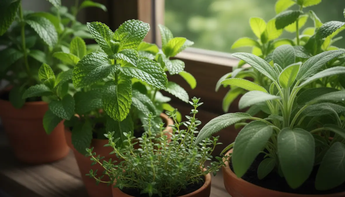 Piante aromatiche sane e rigogliose coltivate in casa per uso culinario
