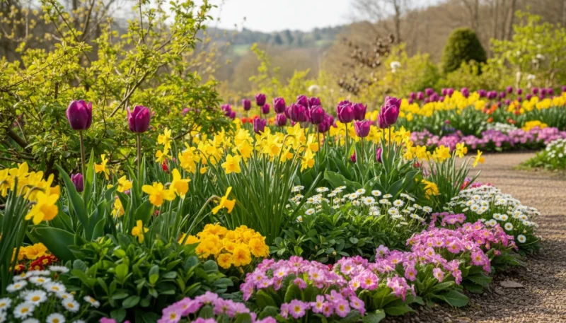 Giardino primaverile con piante da fiore primavera colorate in piena fioritura