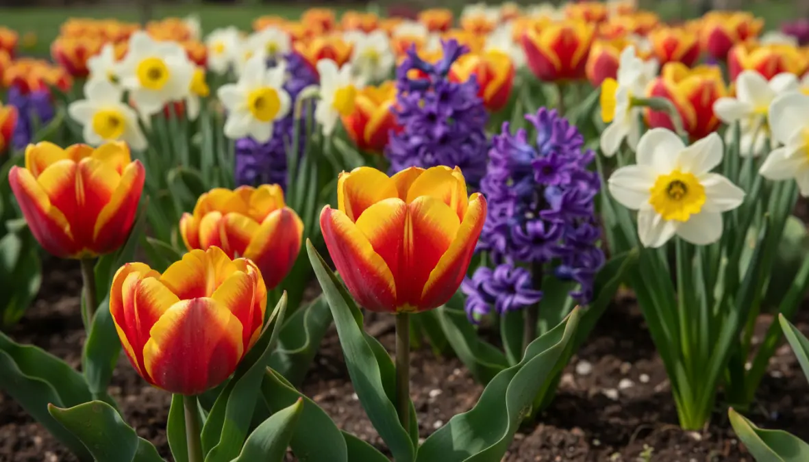 Bulbi primavera in fiore: tulipani, giacinti e narcisi colorati