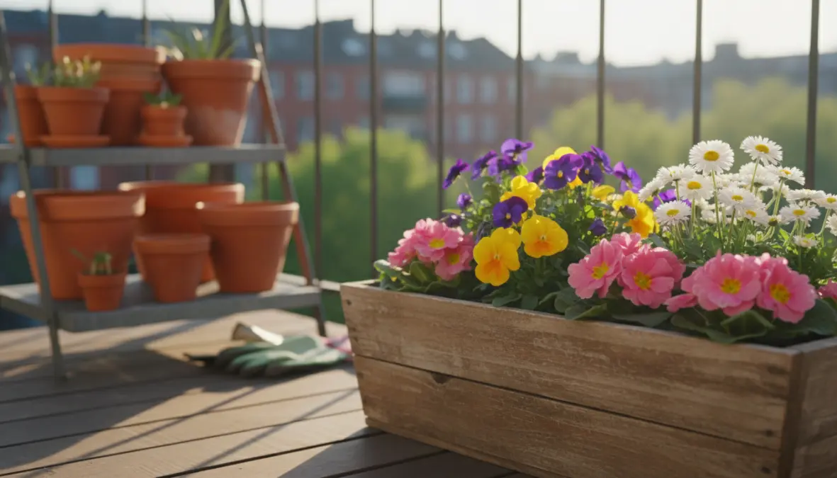 Piante fiorite per balcone con primule, viole del pensiero e margherite