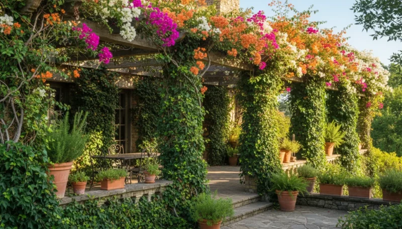 Piante rampicanti fiorite e sempreverdi che decorano un pergolato e un balcone
