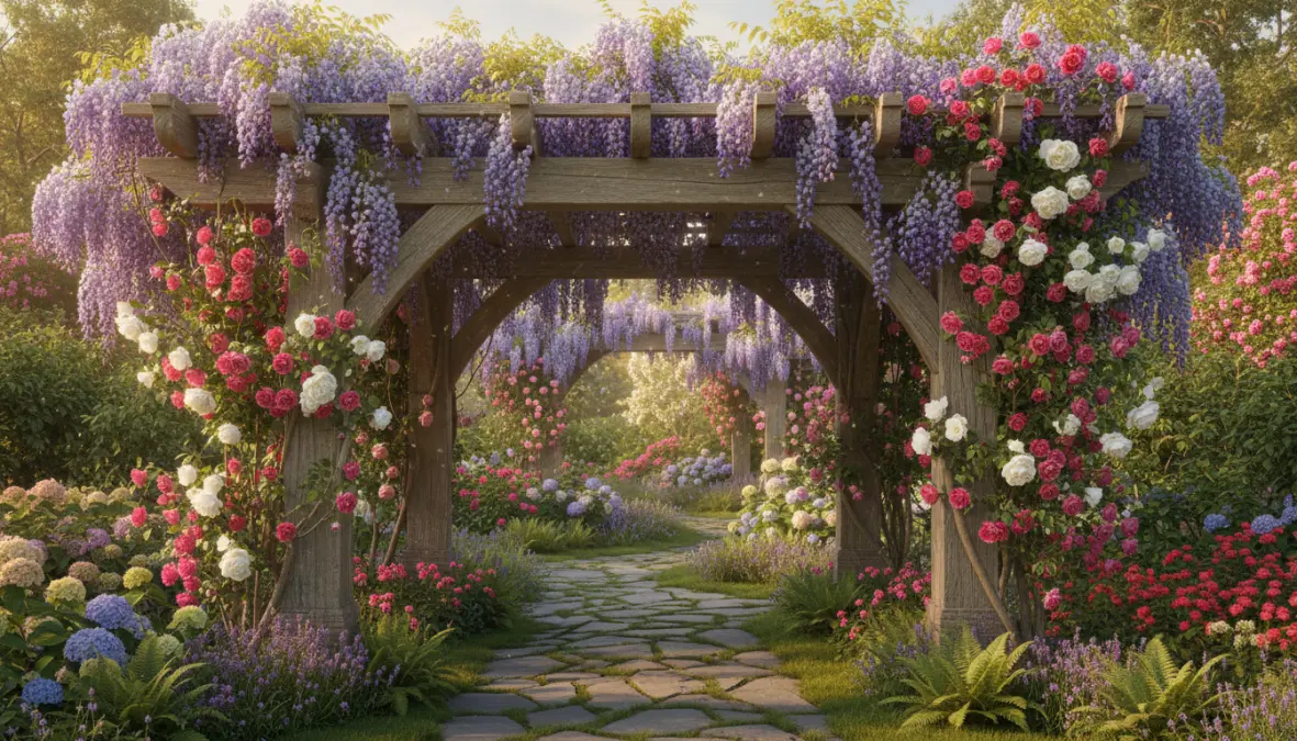 Pergolato da giardino coperto da piante rampicanti fiorite come glicine e rose