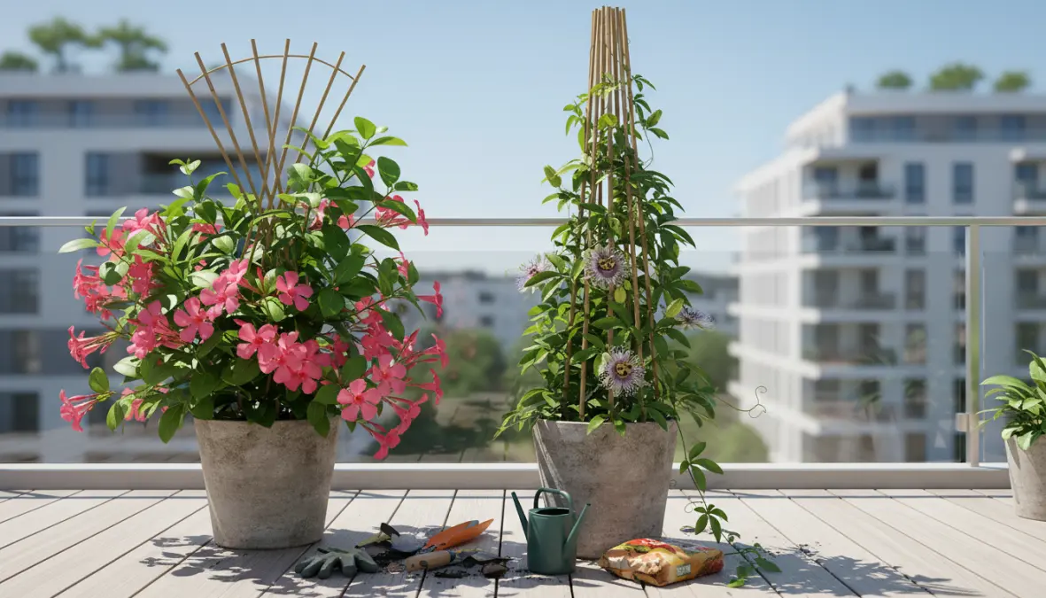 Coltivazione di piante rampicanti in vaso su balcone con sostegni e graticci