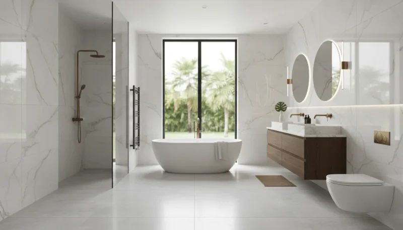 Bagno moderno con piastrelle effetto marmo e grandi formati in gres porcellanato