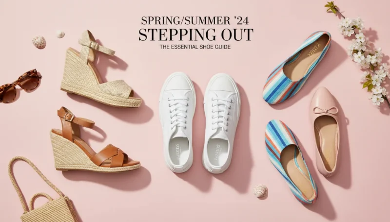 Collezione scarpe primavera estate donna con sneakers, sandali e ballerine su sfondo pastello