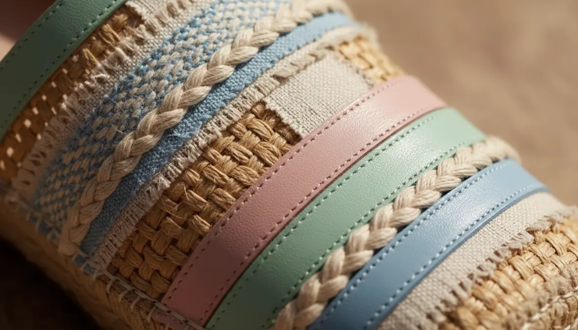 Dettagli materiali e texture scarpe moda primavera con rafia e tessuti naturali