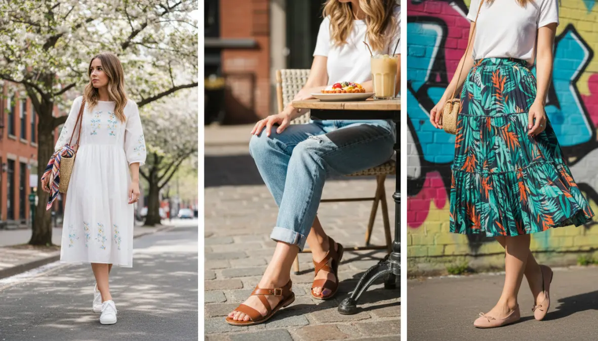 Modelli scarpe estate essenziali abbinati a diversi outfit casual e eleganti