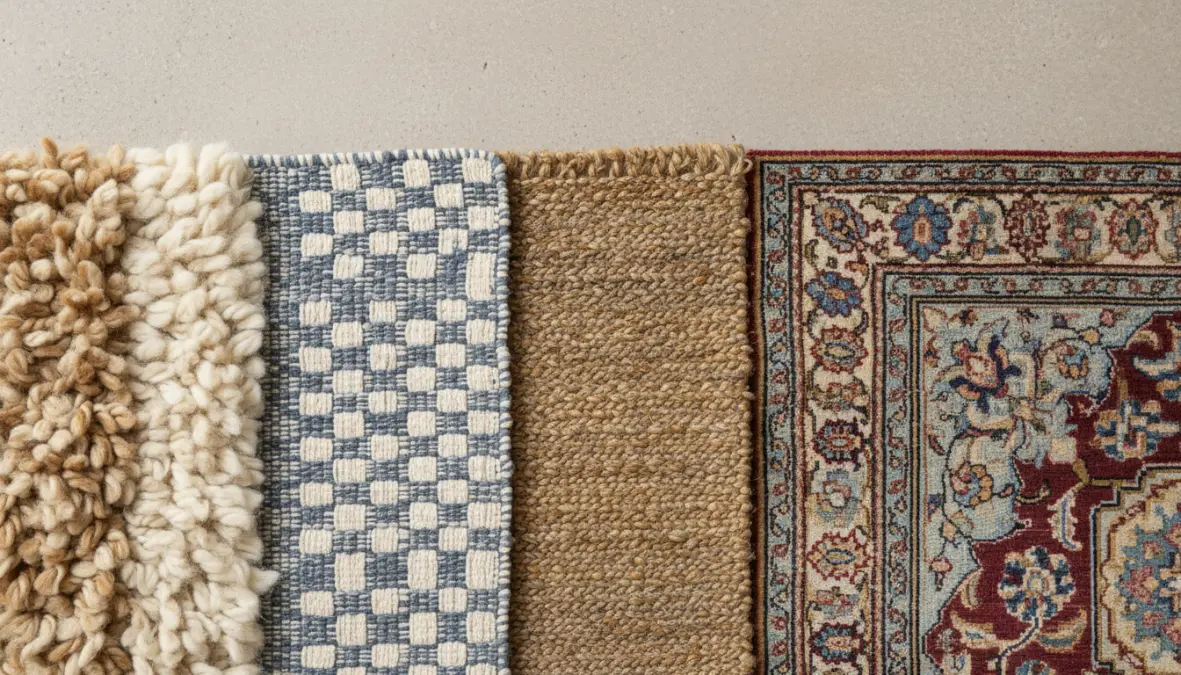 Diversi materiali e tessuti per tappeti casa: lana, cotone, fibre naturali