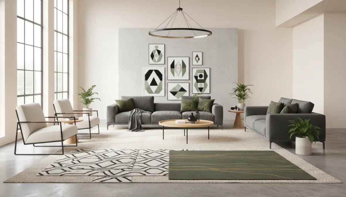 Abbinamenti tappeti arredamento per soggiorno con palette colori coordinata