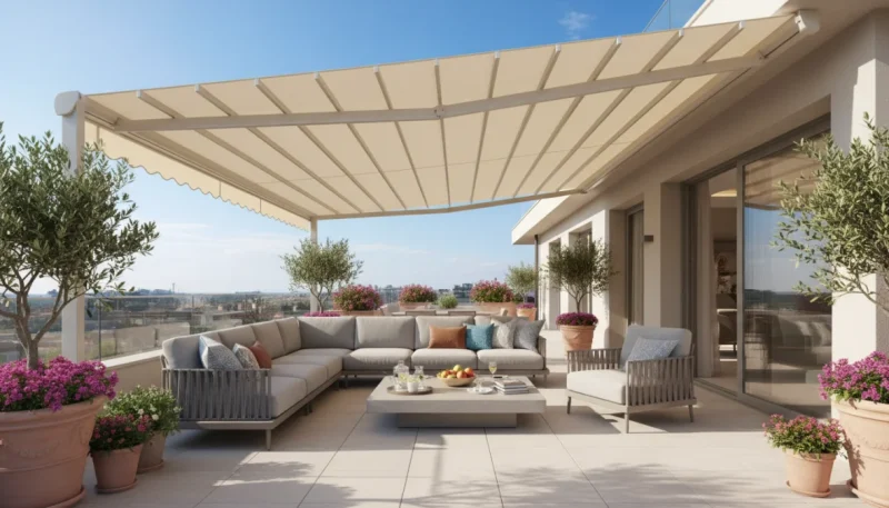 Tende da sole moderne installate su terrazzo residenziale con area relax