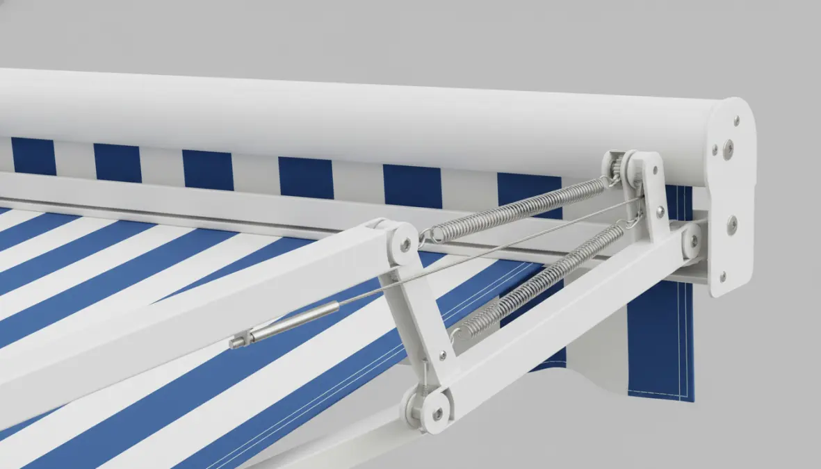 Dettaglio meccanismo tende da sole a bracci estensibili in alluminio