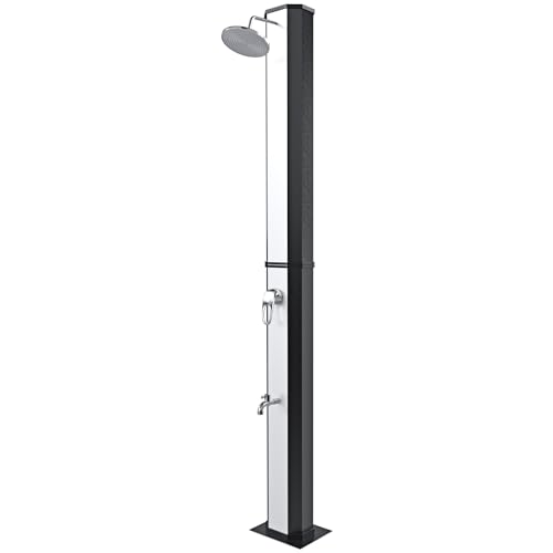 Bricozone Doccia Solare da Esterno 35 Litri con Soffione A Pioggia E Miscelatore Monocomando Altezza 220 Cm in ABS per Giardino Piscina Campeggio Nero E Argento
