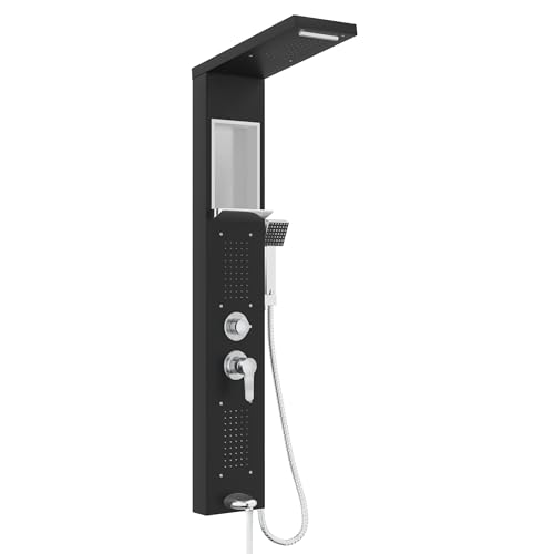 FIVMEN Set completo per doccia a pioggia, pannello doccia in acciaio inox, colonna doccia, 5 funzioni, doccia a cascata, doccetta massaggiante, doccetta manuale, scarico vasca, soffione doccia, nero