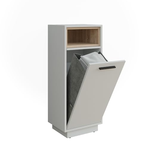 Vicco Armadio per la lavanderia Beatrice, Bianco/Sonoma, 38 x 93 cm con tasca interna rimovibile, con cesto della biancheria integrato per la raccolta della biancheria sporca