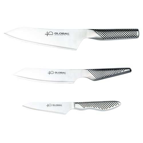 Global Set di 3 coltelli da cucina in edizione limitata per il 40&deg; anniversario, lame in acciaio inox giapponese di alta qualit&agrave;