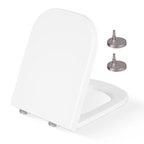 CUQOO Sedile WC quadrato con chiusura ammortizzata, resistente, di alta qualit&agrave;, con sgancio rapido, facile installazione con due opzioni di fissaggio superiore e cerniere regolabili, 48 x 37 cm,