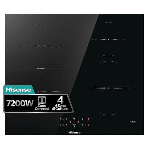 Hisense HI621FM Piano Cottura a Induzione 60 cm, 4 Zone con Connect Zone, Power Boost, 7200W, Touch Control, Timer e Indicatore Calore Residuo, Vetroceramica Nero
