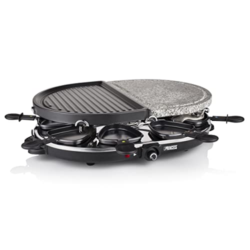 Princess Raclette Pietra E Griglia 162710, 1200 Watt, Combinazione Di Piastra, Griglia E Raclette, 8 Persone, Pietra Ollare, Nero