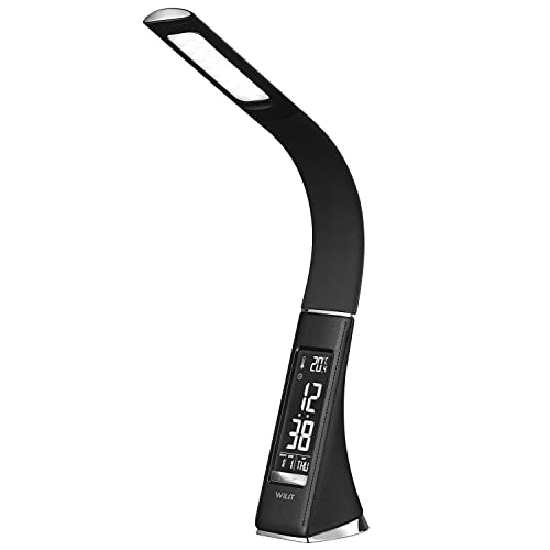 WILIT U2 5W Lampada da tavolo LED, Lampada da scrivania con schermo dimmerabile, Sveglia, Calendario, Display della temperatura e collo d'oca, Nero