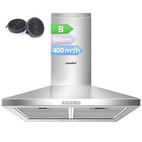 COMFEE' Cappa Aspirante 60 cm PYRA17SS-60 Acciaio Inossidabile Cappa Cucina con LED, Sistema di Ricircolo e Canalizzazione e Filtri a Carbone