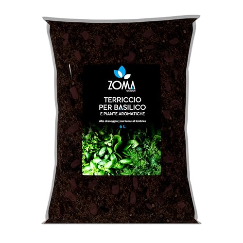 ZOMA Terriccio per Basilico e Piante Aromatiche - Ideale per Vasi, Evita Ristagni Idrici - Terriccio piante aromatiche con Humus di Lombrico, privo di Fertilizzanti Chimici - 6 Litri