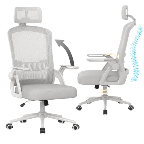 naspaluro Sedia da Ufficio Scrivania Ergonomica, Con Braccioli Pieghevoli, Altezza Regolabile, Seduta e Schienale in Rete Respirante, Girevole con Ruote, Funzione Oscillante Grigio