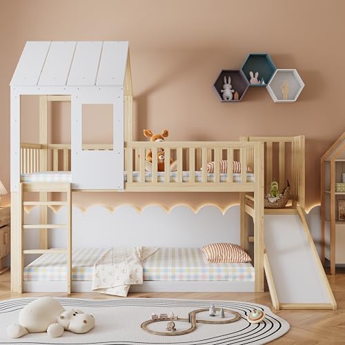 Gelukueub Letto a castello con scala ad angolo retto e scivolo, letto a casa con tetto e finestra, lettino con protezione anticaduta e griglia, telaio in pino, naturale+bianco (90x200cm)