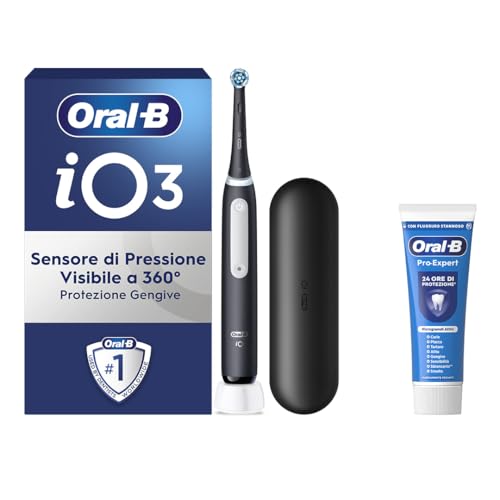 Oral-B iO 3 Spazzolino Elettrico Ricaricabile, con 1 Testina di Ricambio, Nero - 1 Testine di Ricambio per Spazzolino Elettrico, Custodia da Viaggio + 1 Dentifricio Pro Expert, Pulizia Denti Efficace