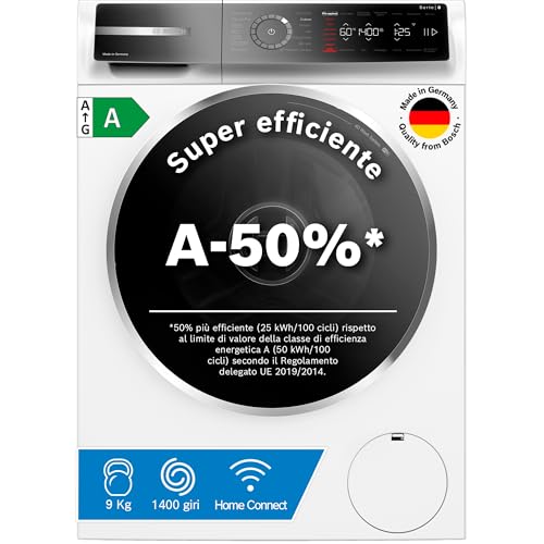 Bosch WGB24402IT Serie 8 Lavatrice smart a carica frontale, 9 kg, 1400 giri, Efficienza energetica A -50%, motore inverter con 10 anni di garanzia, riduce le pieghe, Bianco, 60 Cm