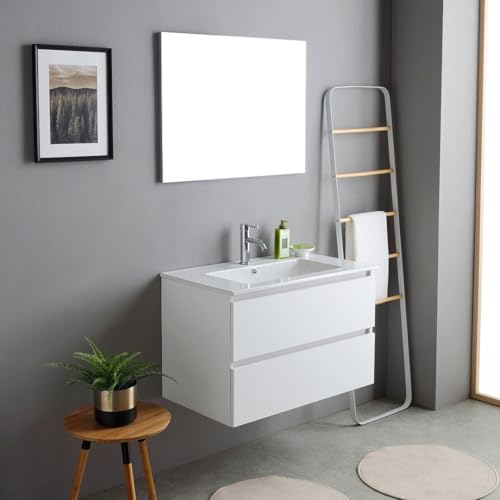 Kiamami Valentina - Mobile Bagno Sospeso 80cm | Lavabo in Ceramica con Foro Troppopieno | Specchio 80x60cm incluso | 2 Cassetti Apertura a Gola | Legno Nobilitato Bianco Effetto Legno gi&agrave; assemblato