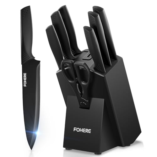 Set Coltelli da Cucina con Ceppo FOHERE 8 Pezzi Set di Coltelli Professionali con Affilacoltelli,Cucina da Chef con Blocco in Legno, Nero