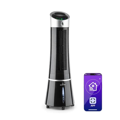 Climatizzatore 4in1: raffrescatore evaporativo, ventilatore, umidificatore/ionizzatore, 6L, oscillazione, 30W, 210m&sup3;/h, timer, no tubo di scarico, portatile, Klarstein, Nero, Skyscraper Ice Smart