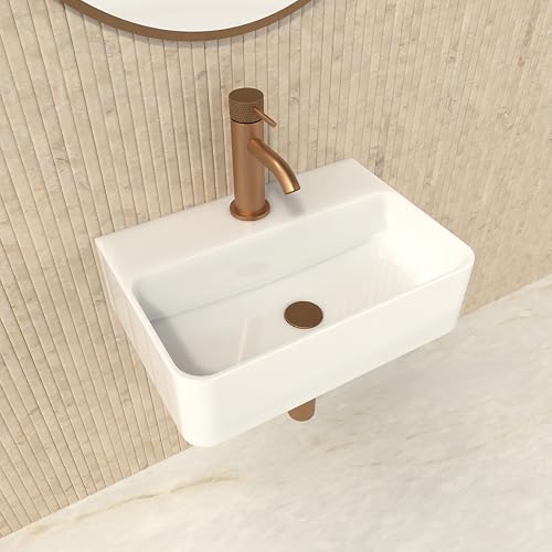 HOGART Lavabo Bagno Piccolo in Ceramica Bianco 37x26 cm &ndash; Lavandino Compatto Salvaspazio Rettangolare, Lavabo Sospeso o da Appoggio, Foro Rubinetto Senza Troppopieno, per WC Ospiti e Bagni Moderni