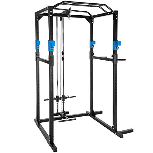 tectake® Bilanciere Palestra, Pesi Palestra, Trazioni, Sbarra per Trazioni, Pull Up Bar, Power Tower, Manubri Palestra, Lat Machine, Allenamento a Casa, Fitness in Casa - Nero Blu