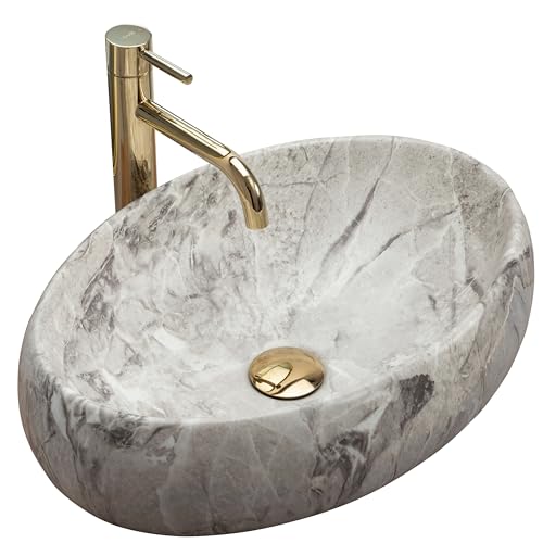 Rea - Lavabo Da Appoggio Pietra Linda Lavandino Bagno 485 X 340 X 145 mm In Ceramica (Marrone, Imitazione Pietra)