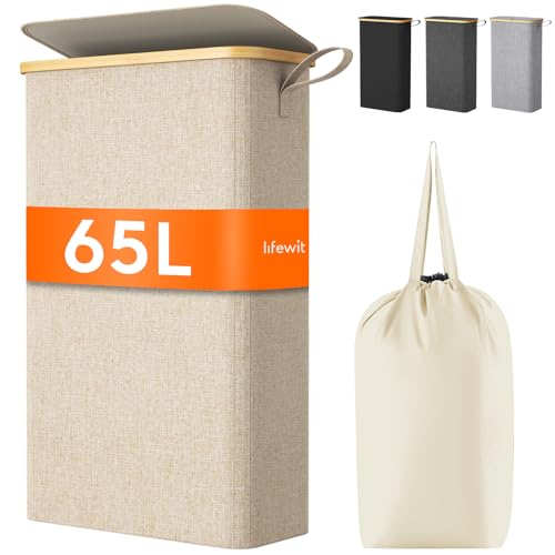 Lifewit Cesto Portabiancheria Salvaspazio, Cesta Biancheria Sporca con Coperchio, Porta Biancheria Sporca Slim per Bagno, Laundry Basket per Camera da Letto, Bagno, Lavanderia, 65 L, Beige