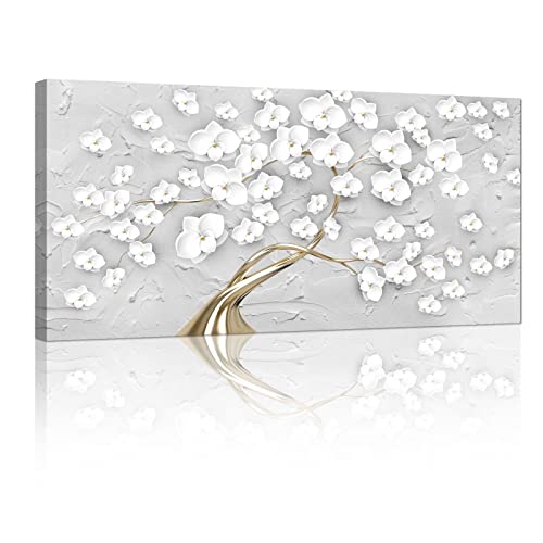 FjerminArt Grande Quadro Moderno Stampa su Tela Con Cornice quadro su tela Bianco-argento Alberi in Fiore Astratto pittura su tela quadri moderni soggiorno camera da letto Decorazione Murale 100x50cm