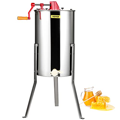 VEVOR Estrattore di Miele Manuale in Acciaio Inox, 3 Favi, Smielatore Centrifuga per Apicoltura, Coperchio Trasparente, Altezza Regolabile 100-108 cm