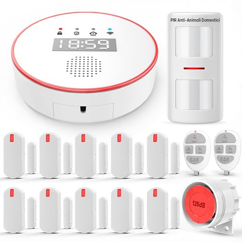 YISEELE Allarme Casa Senza Fili: Antifurto casa connettivit&agrave; 5 GHz Wi-Fi - Incluso 1 Sirena 125DB - 1 Pet Immunity PIR - 10 Sensori Porta/Finestra - 2 Telecomandi - 1 Hub - Compatibile Alexa & Google