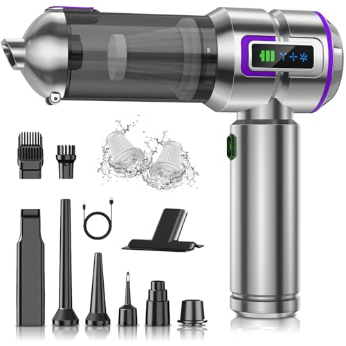 Aspirabriciole Senza Fili, 25000Pa 4-in-1 Aspirapolvere Auto Cordless con Schermo, One-Touch Dust Dump con 3 Velocit&agrave; Motore Brushless, Mini Aspirapolvere per Casa, Ufficio, Auto, Capelli, Argento