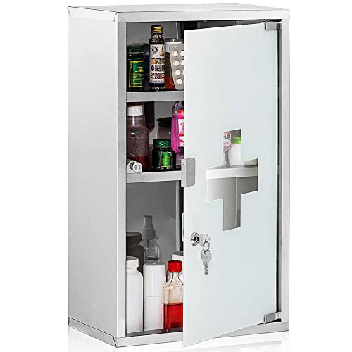 BAKAJI Armadio Armadietto Porta Medicinali Mobiletto a Parete Primo Soccorso in Acciaio Inox e Vetro Satinato Colore Silver Con Doppia Chiave di Sicurezza a Chiusura Magnetica (48.5x25x12 cm)
