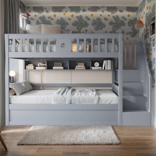 Soweiz Letto in legno 90 x 200 cm, letto per bambini con vano portaoggetti, idraulico, scala di stoccaggio, scaffali, letto a castello, 2 bambini, letto per ragazzi (grigio)