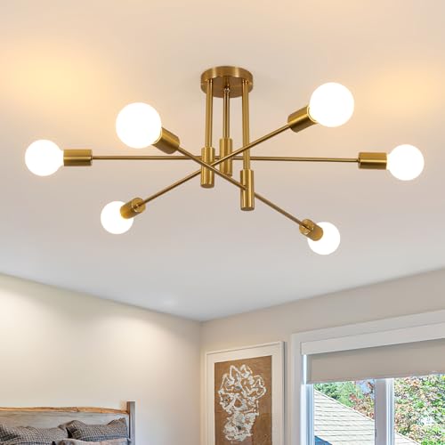 Comely Lampadario Soggiorno Industriale, 6 Luci Sputnik Plafoniera Soffitto Vintage E27, Lampadario da Soffitto Dorato in Metallo per Camera da Letto Soggiorno Cucina, Diametro 72CM