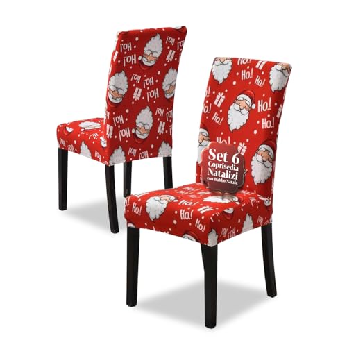 Avilia &ndash; Coprisedia Natalizi in Tessuto Elasticizzato Set da 6 con Motivo Babbo Natale per Schienale e Seduta, Facili da Montare, Lavabili e Riutilizzabili per Decorazioni Natalizie di Casa