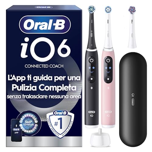 Oral-B iO6 Spazzolino Elettrico | Nero & Rosa | 3 Testine di Ricambio | Batteria a Lunga Durata | Custodia da Viaggio Premium | Confezione da 2 Spazzolini